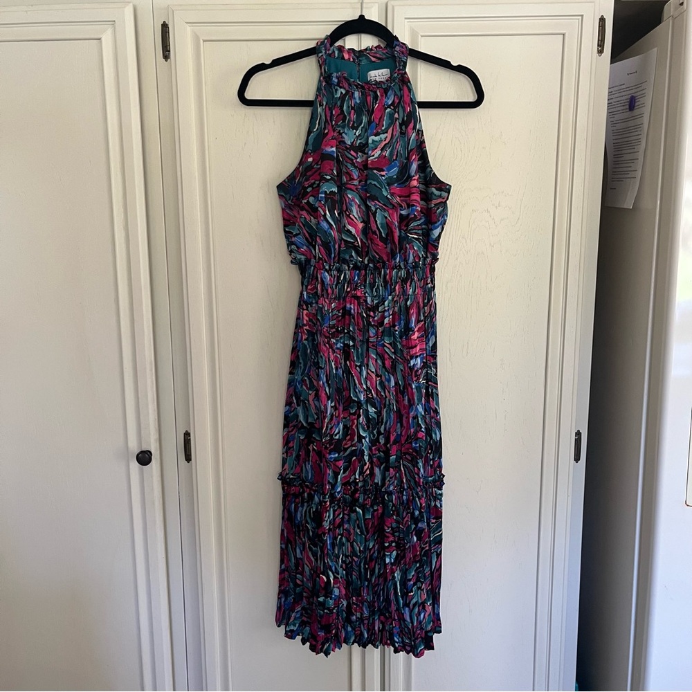 Nicole Miller Blue and Pink Pleated Halter Midi Dress Size M